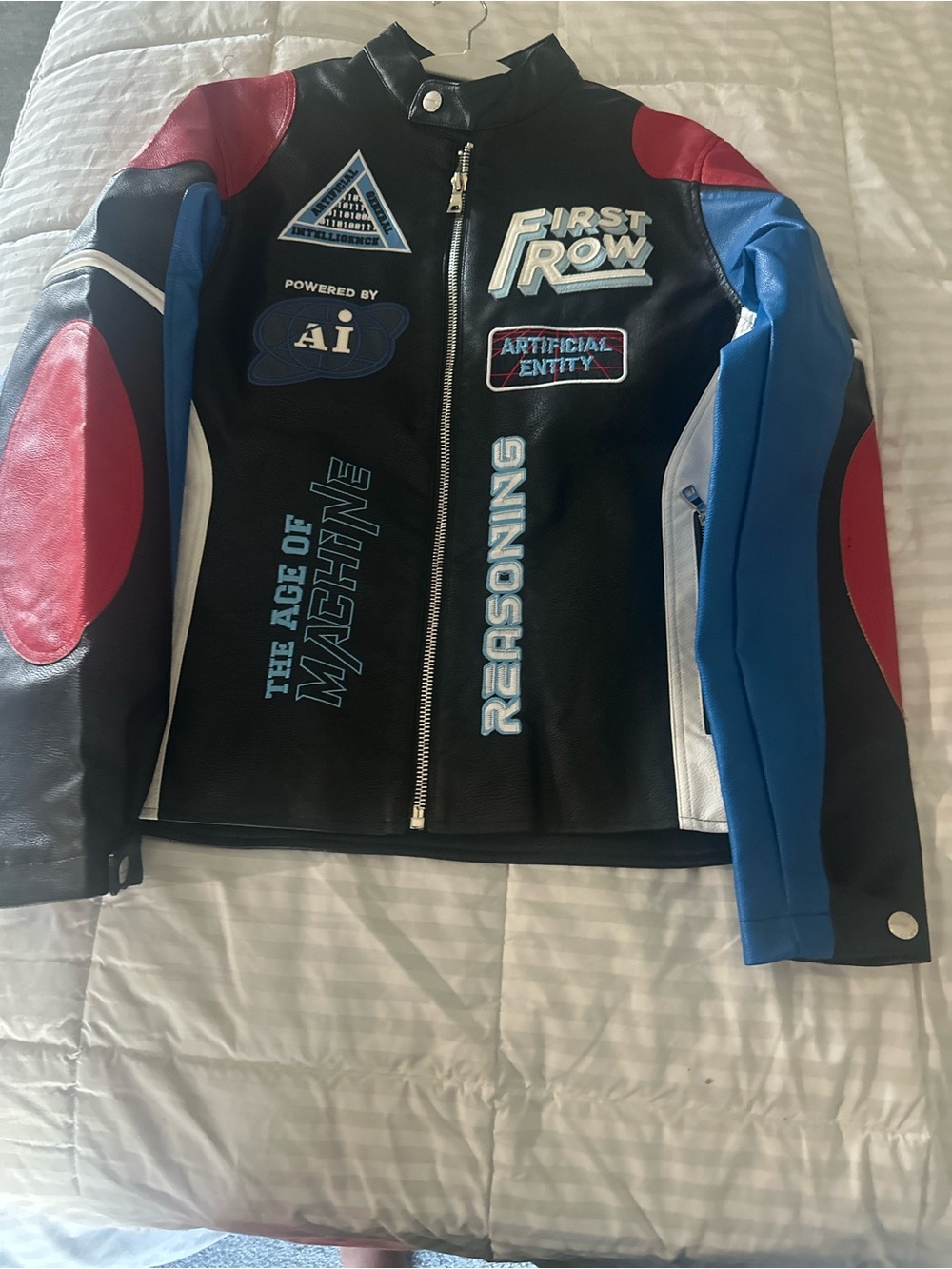 First Row Black, Blue & Red Graphic Bomber Jacket